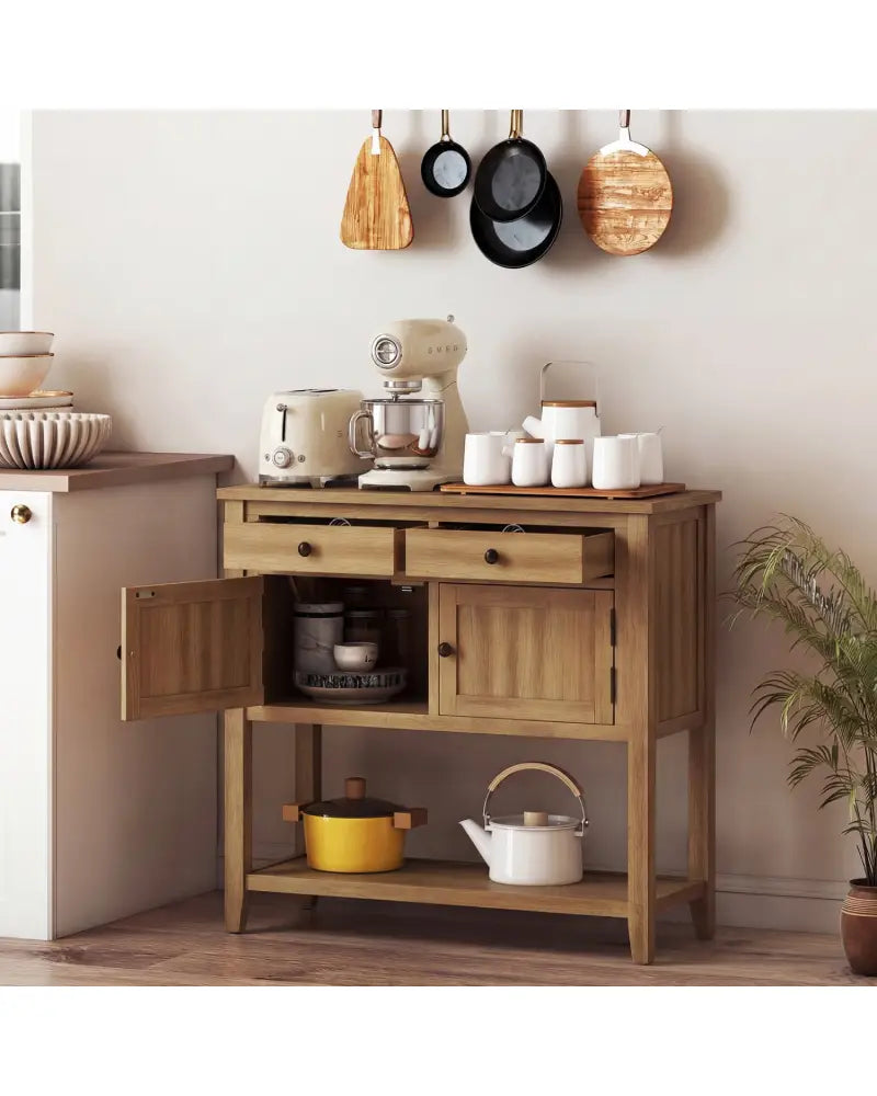 Mid-Century Console Table Wood Coffee Bar Buffet Sideboard with 2 Drawers-Walnut - Walnut - Coffee Tables