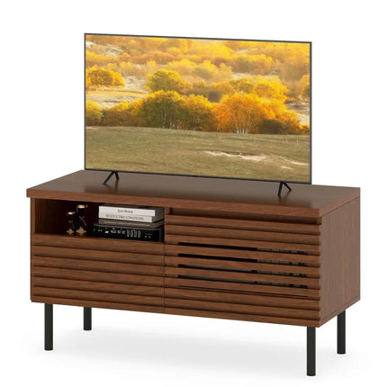 Mid Century Fluted TV Stand for 40 Inch TV Modern Entertainment Center with Open Compartment-Walnut - Walnut