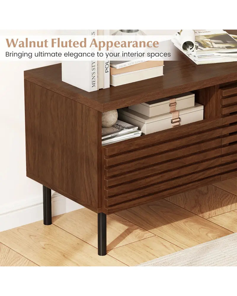 Mid Century Fluted TV Stand for 40 Inch TV Modern Entertainment Center with Open Compartment-Walnut - Walnut