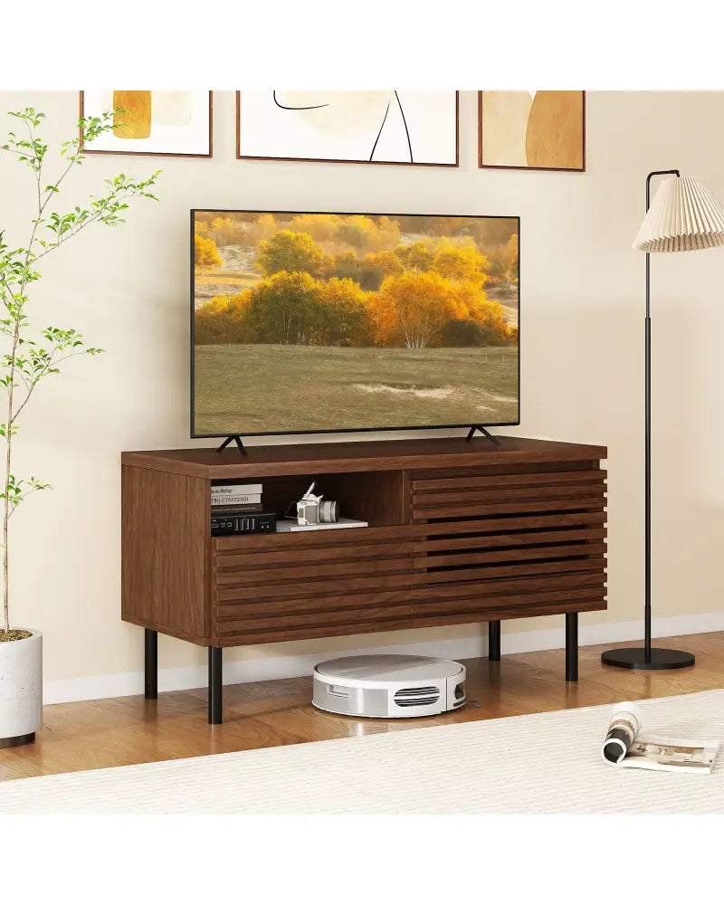 Mid Century Fluted TV Stand for 40 Inch TV Modern Entertainment Center with Open Compartment-Walnut - Walnut