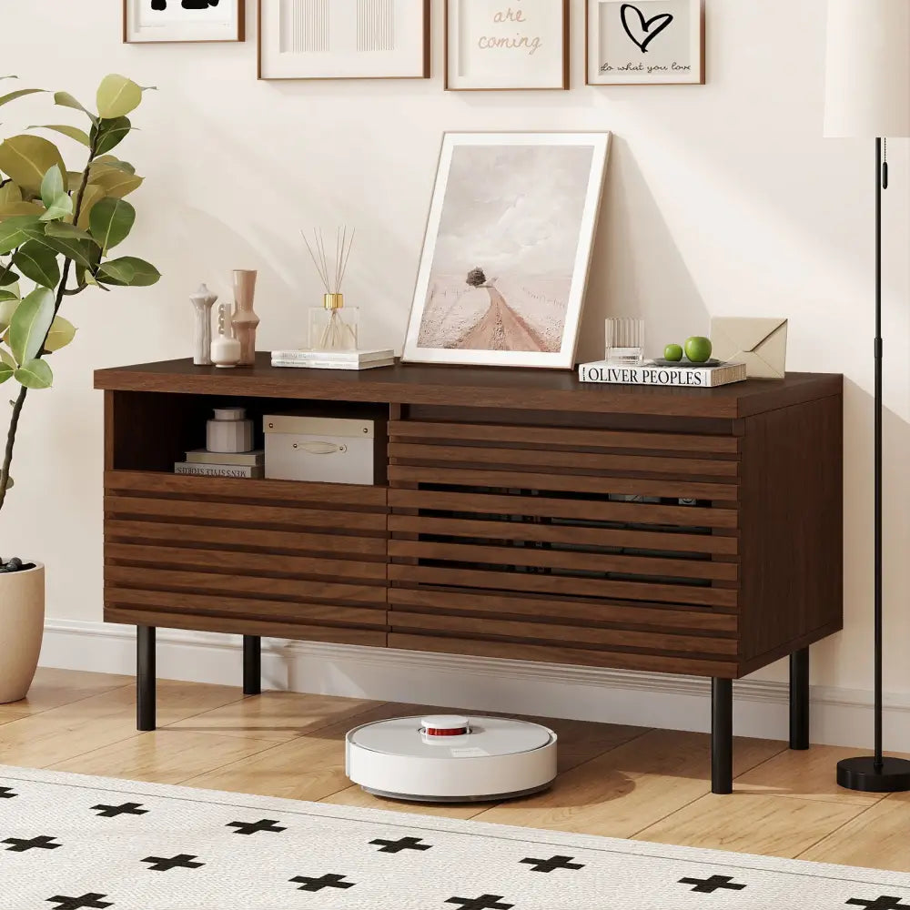 Mid Century Fluted TV Stand for 40 Inch TV Modern Entertainment Center with Open Compartment-Walnut - Walnut