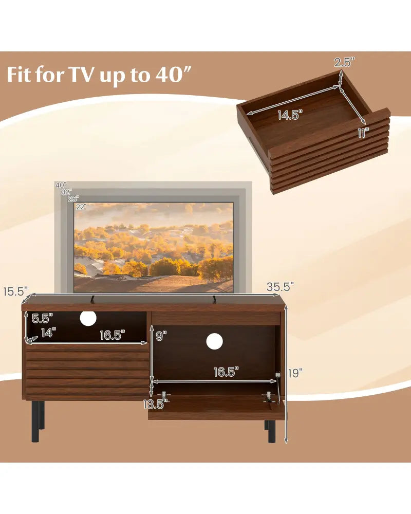 Mid Century Fluted TV Stand for 40 Inch TV Modern Entertainment Center with Open Compartment-Walnut - Walnut