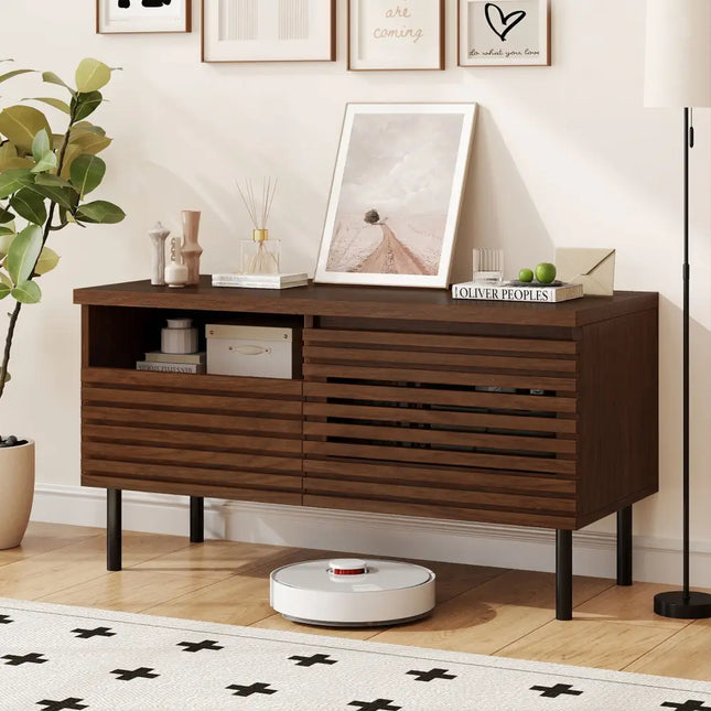 Mid Century Fluted TV Stand for 40 Inch TV Modern Entertainment Center with Open Compartment-Walnut - Walnut