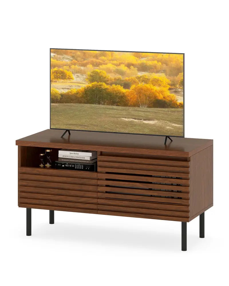 Mid Century Fluted TV Stand for 40 Inch TV Modern Entertainment Center with Open Compartment-Walnut - Walnut
