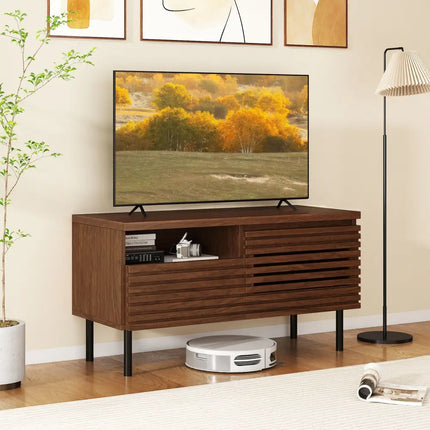 Mid Century Fluted TV Stand for 40 Inch TV Modern Entertainment Center with Open Compartment-Walnut - Walnut