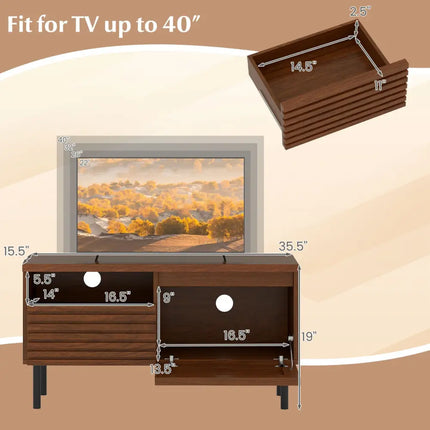 Mid Century Fluted TV Stand for 40 Inch TV Modern Entertainment Center with Open Compartment-Walnut - Walnut