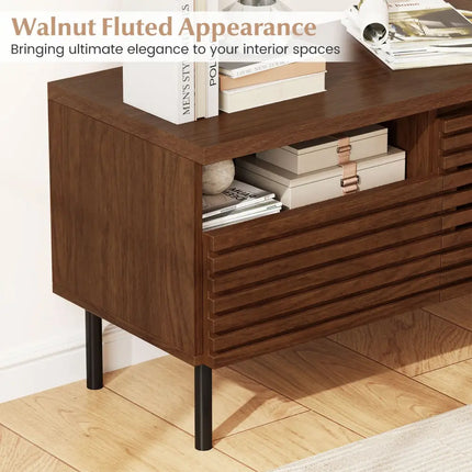 Mid Century Fluted TV Stand for 40 Inch TV Modern Entertainment Center with Open Compartment-Walnut - Walnut