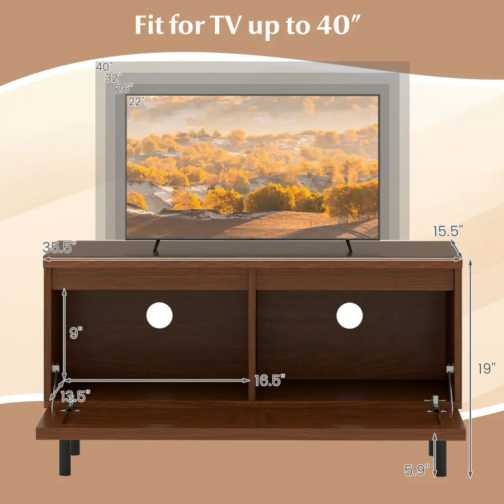 Mid Century Fluted TV Stand for 40’’ TV with 2 Hidden Compartments and Metal Legs-Walnut - Walnut - Entertainment