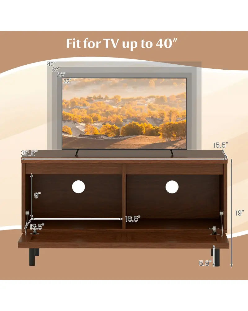 Mid Century Fluted TV Stand for 40’’ TV with 2 Hidden Compartments and Metal Legs-Walnut - Walnut - Entertainment