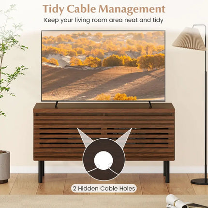 Mid Century Fluted TV Stand for 40’’ TV with 2 Hidden Compartments and Metal Legs-Walnut - Walnut - Entertainment