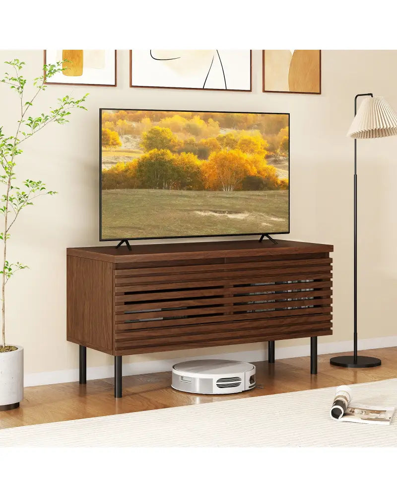 Mid Century Fluted TV Stand for 40’’ TV with 2 Hidden Compartments and Metal Legs-Walnut - Walnut - Entertainment