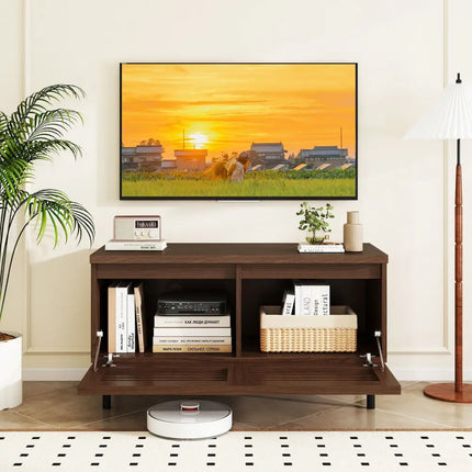Mid Century Fluted TV Stand for 40’’ TV with 2 Hidden Compartments and Metal Legs-Walnut - Walnut - Entertainment