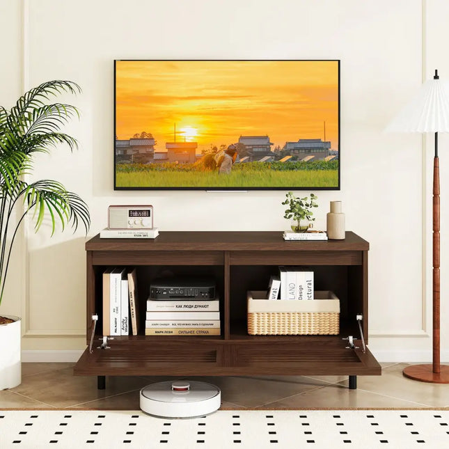 Mid Century Fluted TV Stand for 40’’ TV with 2 Hidden Compartments and Metal Legs-Walnut - Walnut - Entertainment