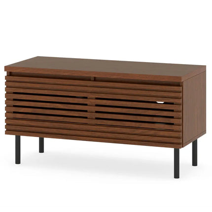 Mid Century Fluted TV Stand for 40’’ TV with 2 Hidden Compartments and Metal Legs-Walnut - Walnut - Entertainment