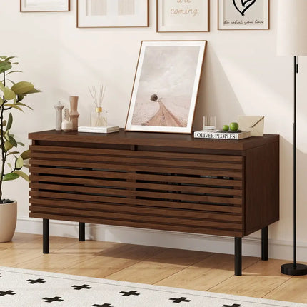 Mid Century Fluted TV Stand for 40’’ TV with 2 Hidden Compartments and Metal Legs-Walnut - Walnut - Entertainment
