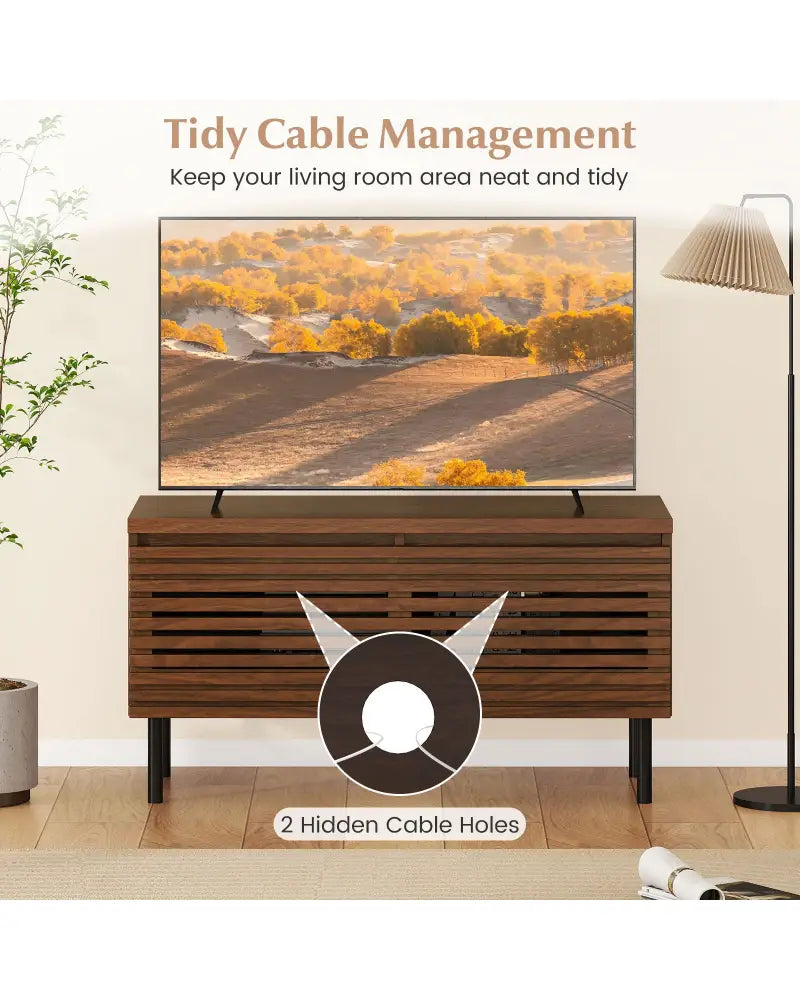 Mid Century Fluted TV Stand for 40’’ TV with 2 Hidden Compartments and Metal Legs-Walnut - Walnut - Entertainment