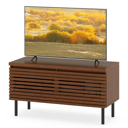 Mid Century Fluted TV Stand for 40’’ TV with 2 Hidden Compartments and Metal Legs-Walnut - Walnut - Entertainment