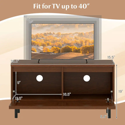 Mid Century Fluted TV Stand for 40’’ TV with 2 Hidden Compartments and Metal Legs-Walnut - Walnut - Entertainment