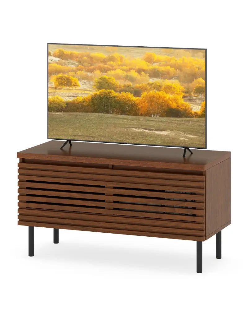 Mid Century Fluted TV Stand for 40’’ TV with 2 Hidden Compartments and Metal Legs-Walnut - Walnut - Entertainment