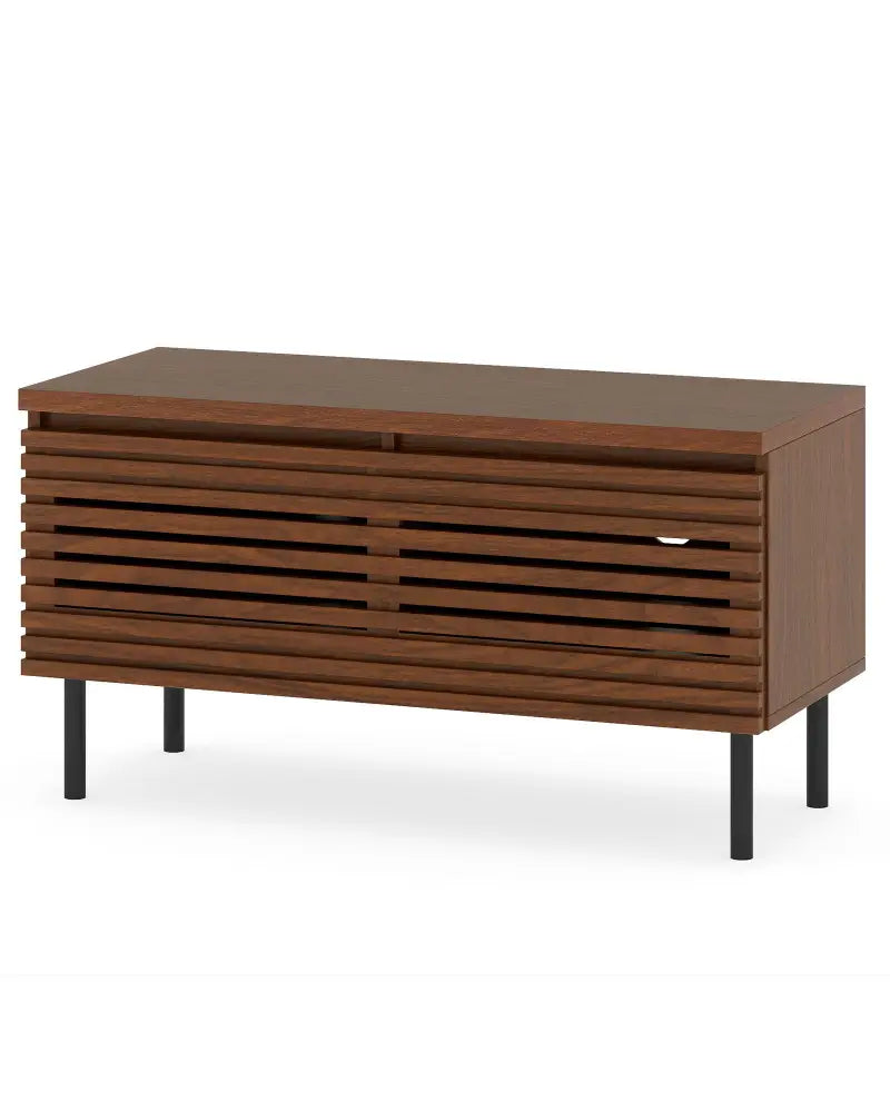 Mid Century Fluted TV Stand for 40’’ TV with 2 Hidden Compartments and Metal Legs-Walnut - Walnut - Entertainment