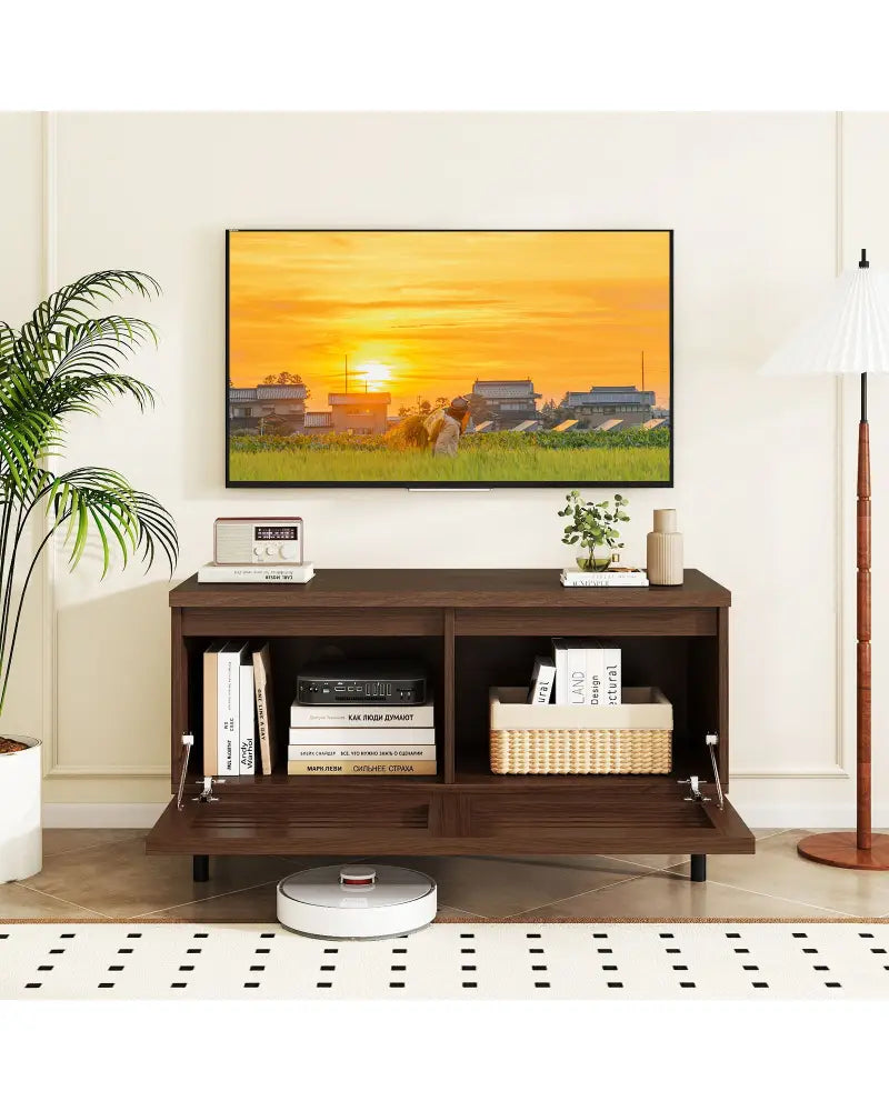 Mid Century Fluted TV Stand for 40’’ TV with 2 Hidden Compartments and Metal Legs-Walnut - Walnut - Entertainment