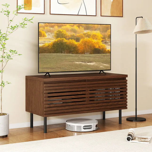Mid Century Fluted TV Stand for 40’’ TV with 2 Hidden Compartments and Metal Legs-Walnut - Walnut - Entertainment