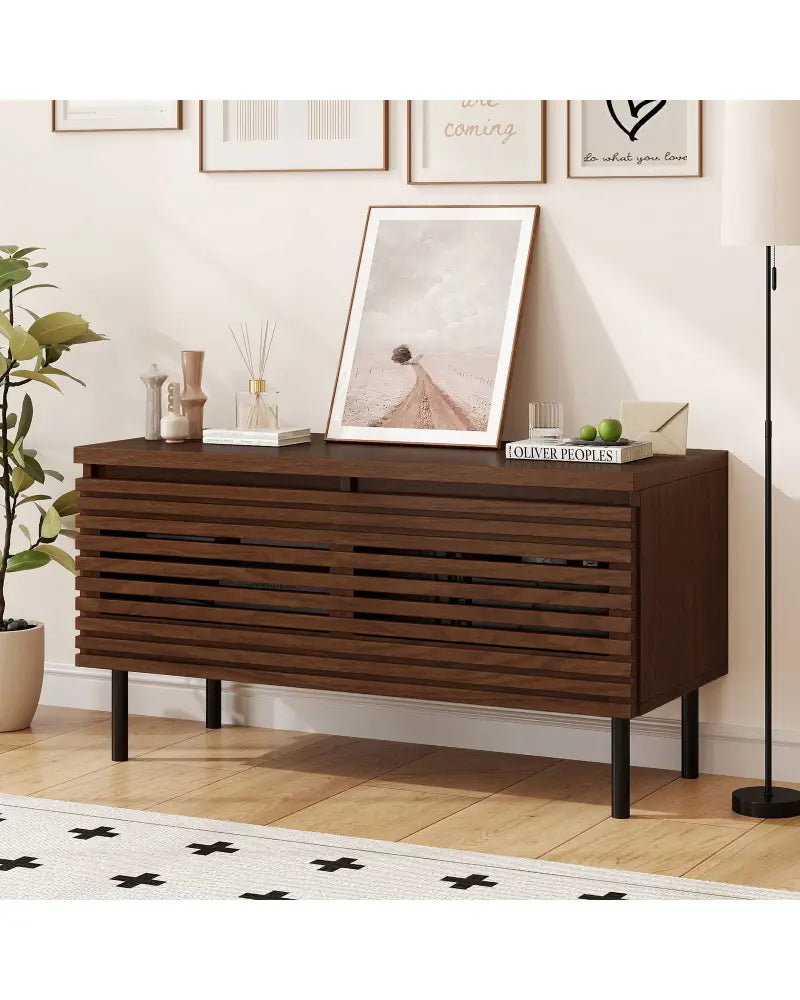 Mid Century Fluted TV Stand for 40’’ TV with 2 Hidden Compartments and Metal Legs-Walnut - Walnut - Entertainment