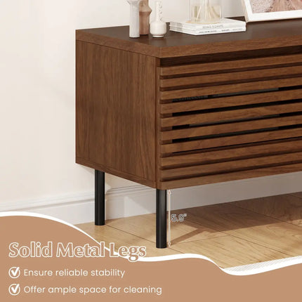 Mid Century Fluted TV Stand for 40’’ TV with 2 Hidden Compartments and Metal Legs-Walnut - Walnut - Entertainment
