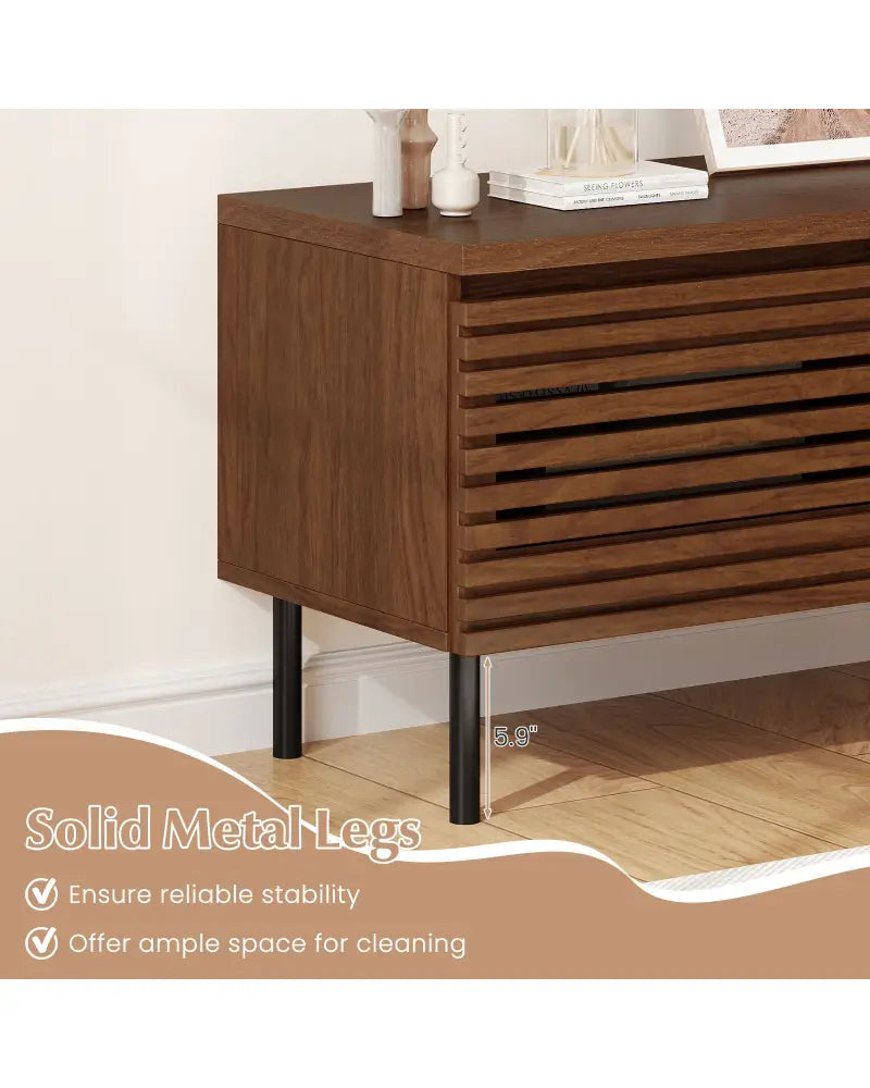 Mid Century Fluted TV Stand for 40’’ TV with 2 Hidden Compartments and Metal Legs-Walnut - Walnut - Entertainment