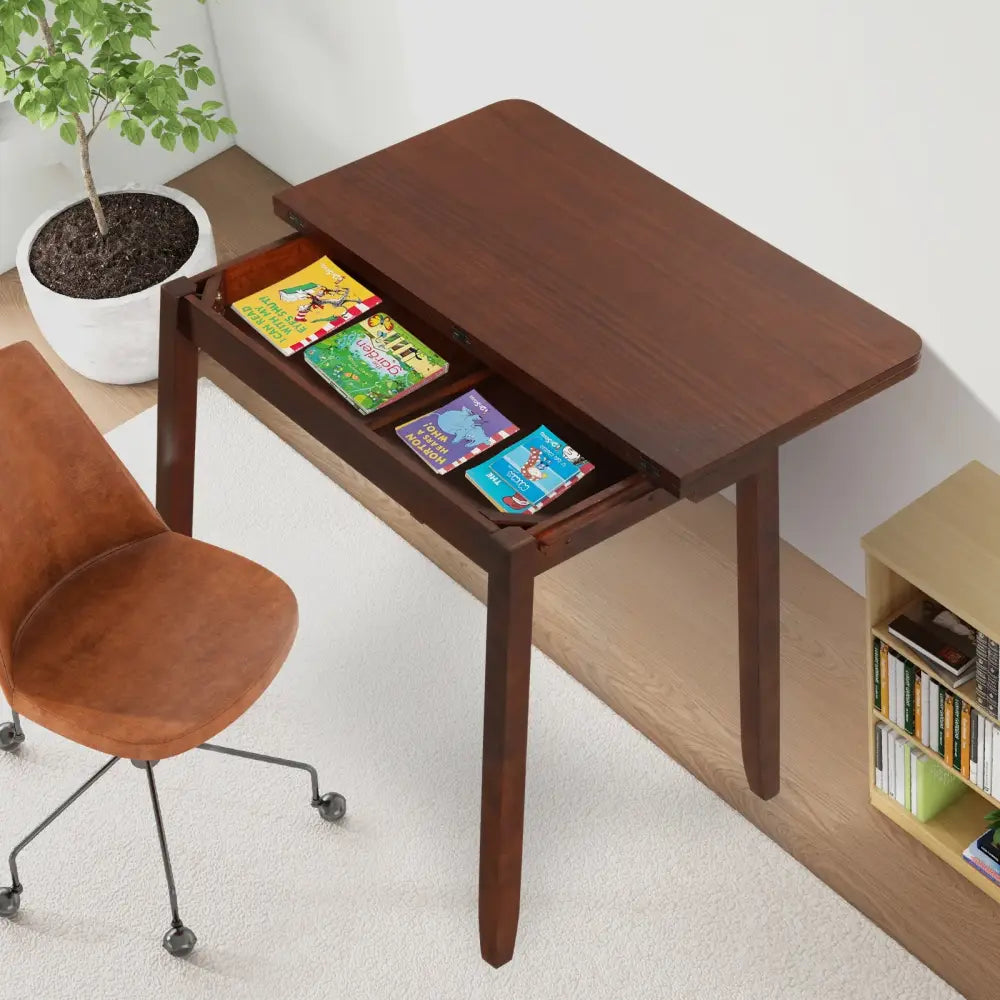 Mid Century Folding Dining Table for 4 People Extendable Kitchen Table with Hidden Storage-Brown - Brown - Dining Tables