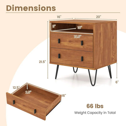 Mid Century Modern 2-Drawer Nightstand with Storage Compartment-Walnut - Walnut - Nightstands