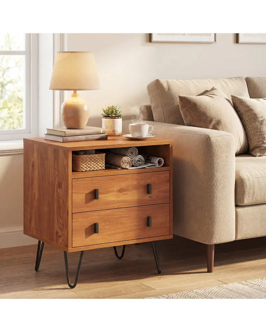 Mid Century Modern 2-Drawer Nightstand with Storage Compartment-Walnut - Walnut - Nightstands