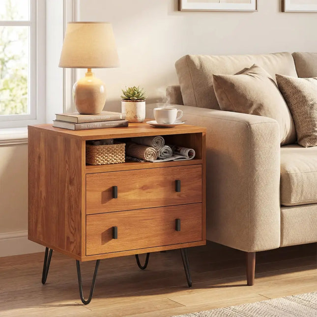 Mid Century Modern 2-Drawer Nightstand with Storage Compartment-Walnut - Walnut - Nightstands