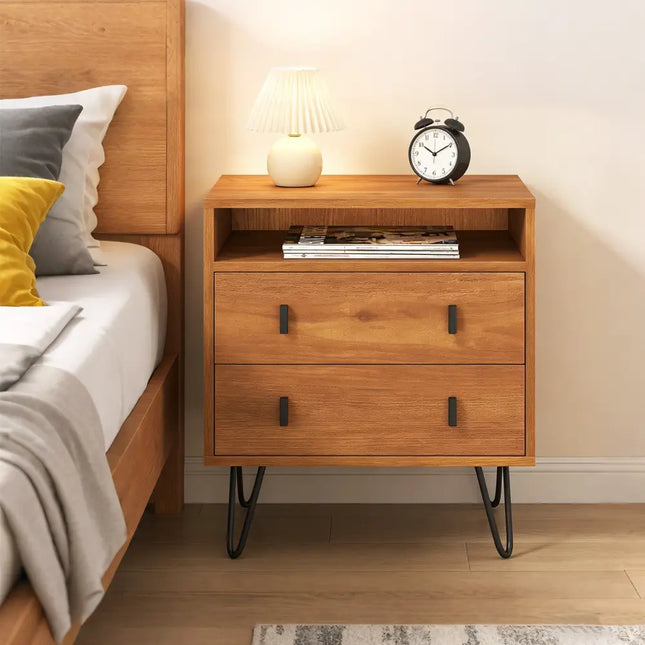 Mid Century Modern 2-Drawer Nightstand with Storage Compartment-Walnut - Walnut - Nightstands