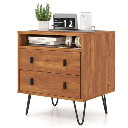 Mid Century Modern 2-Drawer Nightstand with Storage Compartment-Walnut - Walnut - Nightstands