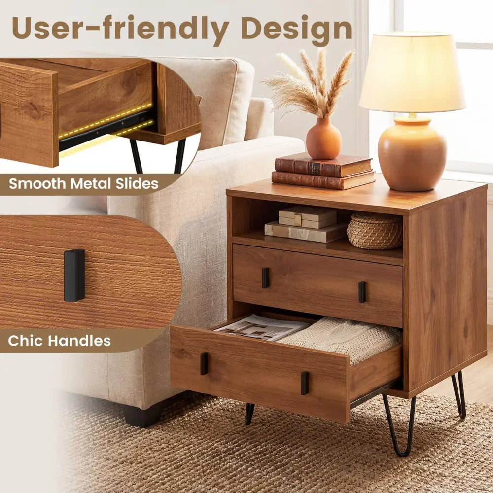 Mid Century Modern 2-Drawer Nightstand with Storage Compartment-Walnut - Walnut - Nightstands