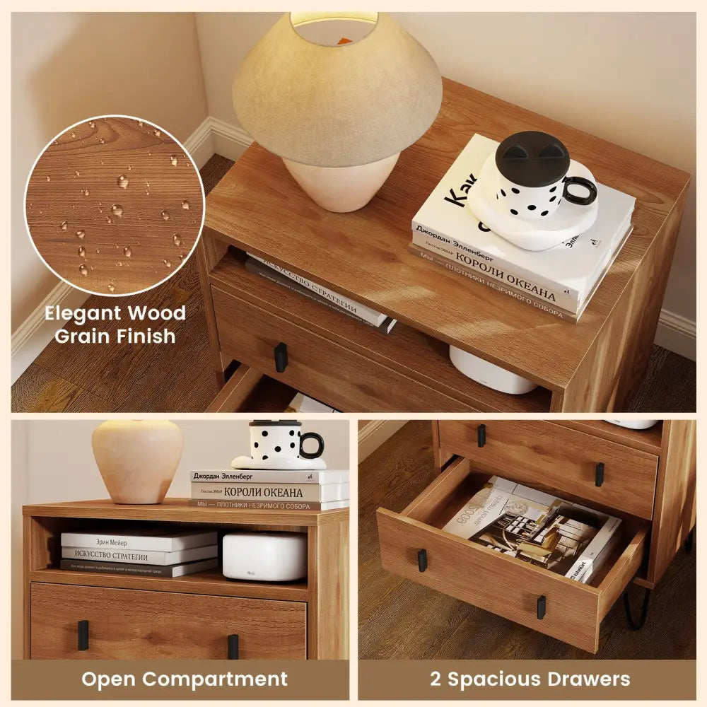 Mid Century Modern 2-Drawer Nightstand with Storage Compartment-Walnut - Walnut - Nightstands