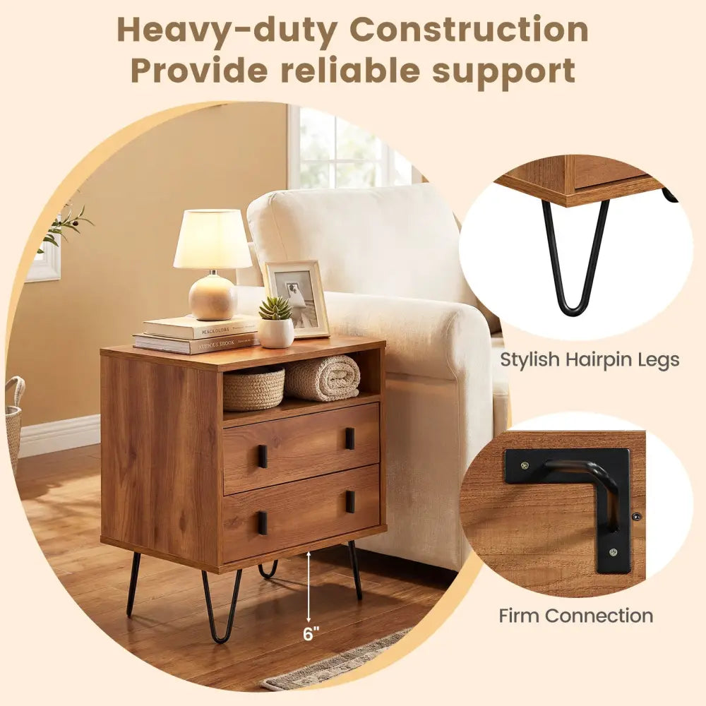 Mid Century Modern 2-Drawer Nightstand with Storage Compartment-Walnut - Walnut - Nightstands