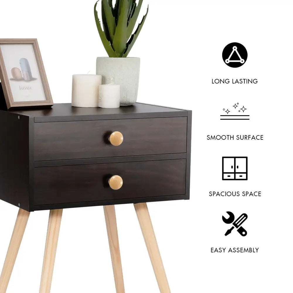 Mid Century Modern 2 Drawers Nightstand in Natural-Brown - Brown - Nightstands