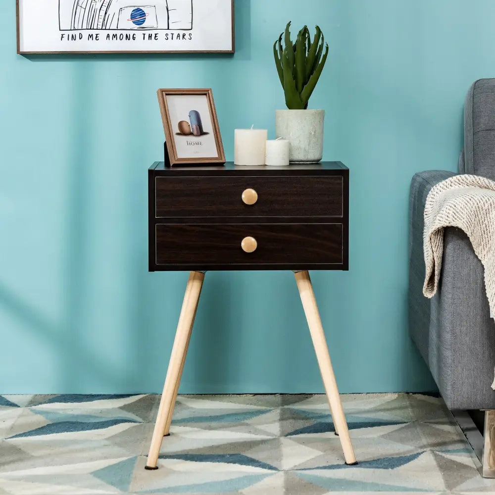 Mid Century Modern 2 Drawers Nightstand in Natural-Brown - Brown - Nightstands