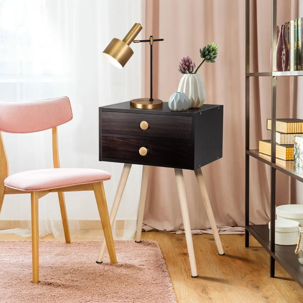Mid Century Modern 2 Drawers Nightstand in Natural-Brown - Brown - Nightstands