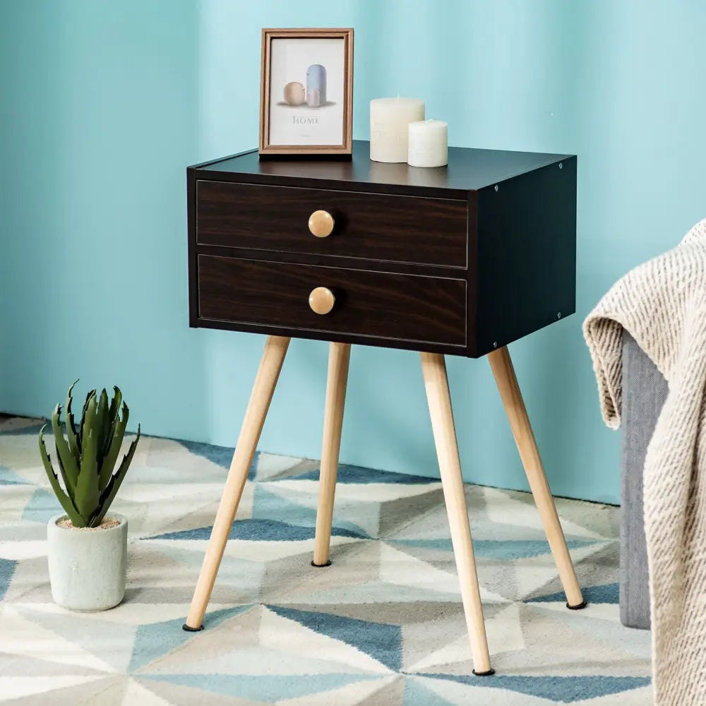 Mid Century Modern 2 Drawers Nightstand in Natural-Brown - Brown - Nightstands