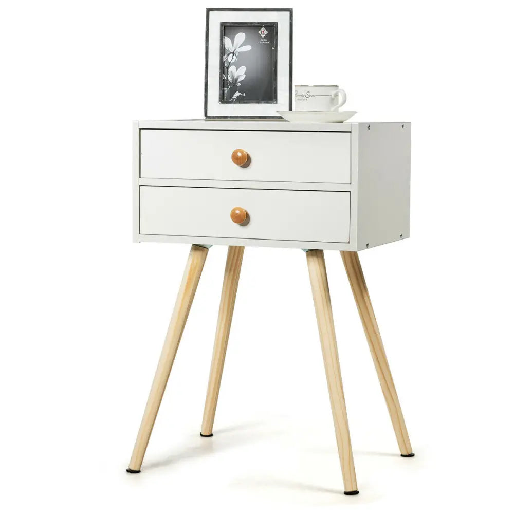 Mid Century Modern 2 Drawers Nightstand in Natural-White - White - Nightstands