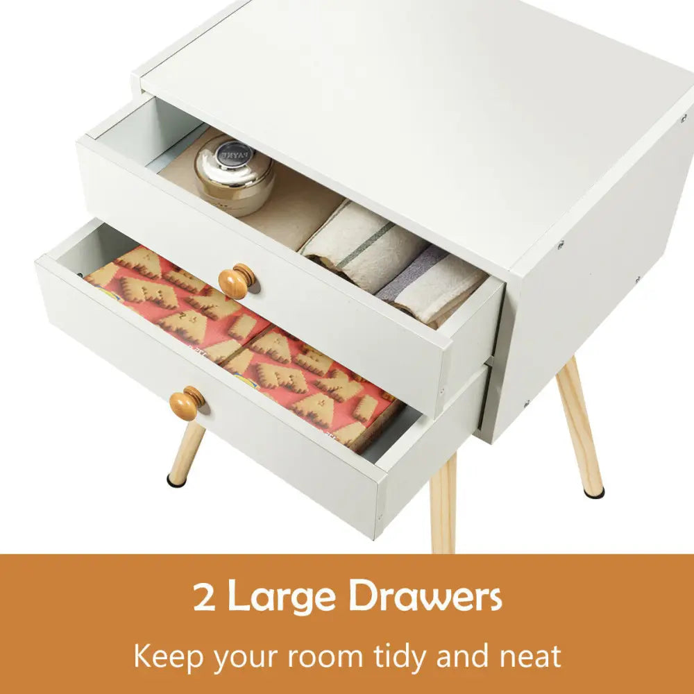 Mid Century Modern 2 Drawers Nightstand in Natural-White - White - Nightstands
