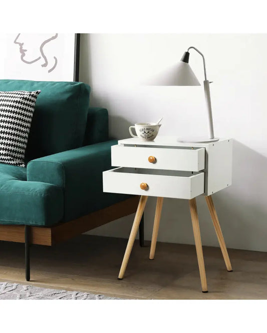 Mid Century Modern 2 Drawers Nightstand in Natural-White - White - Nightstands