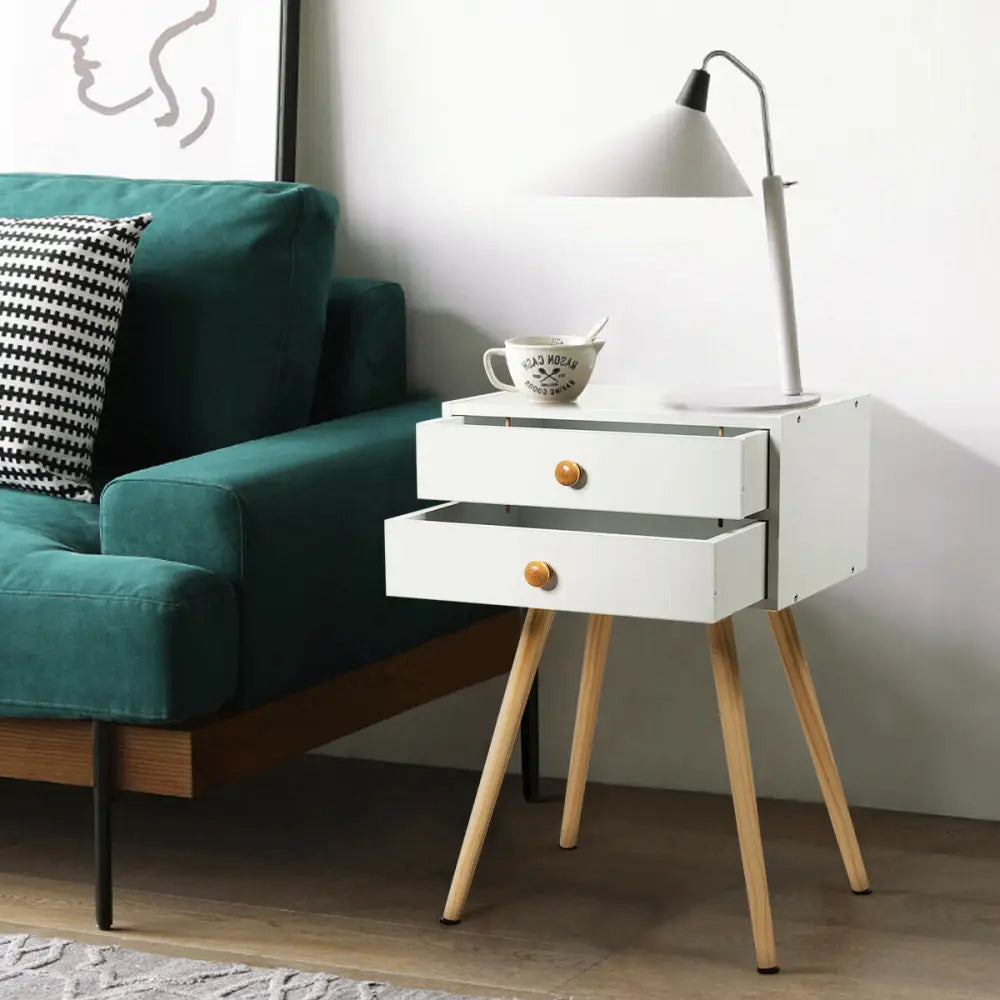 Mid Century Modern 2 Drawers Nightstand in Natural-White - White - Nightstands