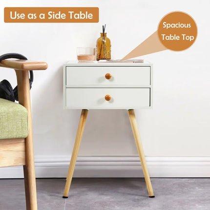 Mid Century Modern 2 Drawers Nightstand in Natural-White - White - Nightstands