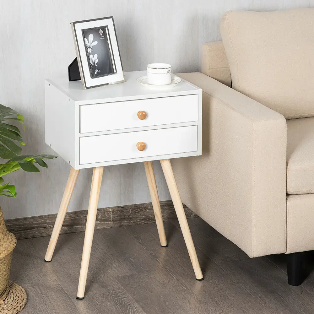 Mid Century Modern 2 Drawers Nightstand in Natural-White - White - Nightstands