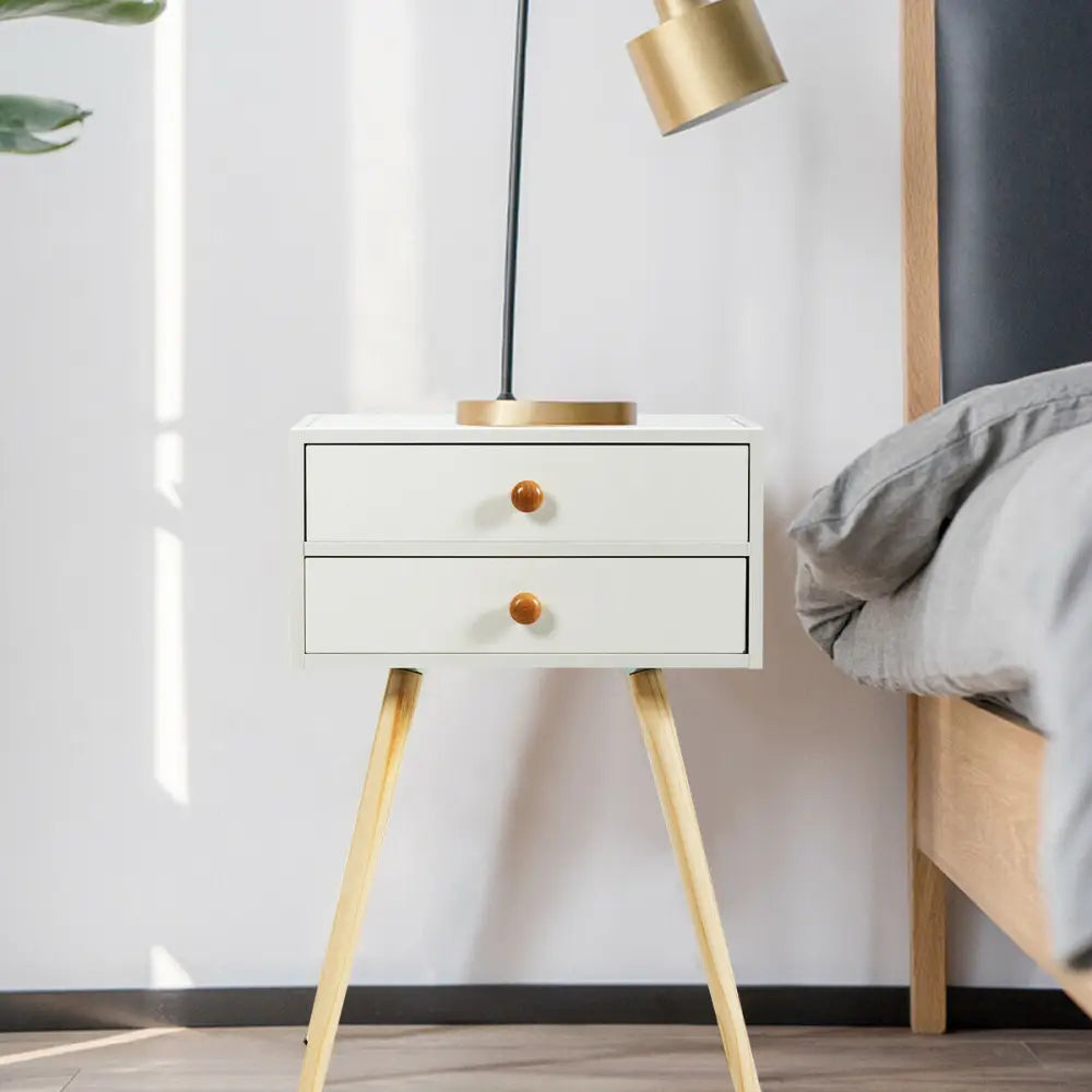 Mid Century Modern 2 Drawers Nightstand in Natural-White - White - Nightstands