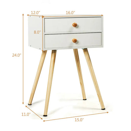 Mid Century Modern 2 Drawers Nightstand in Natural-White - White - Nightstands